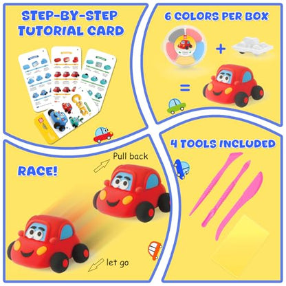 Air Dry Clay Kit for Kids - Pull Back Car Making, 3 Boxes Modeling Clay with Sculpting Tools, Base, Backing Board, Tutorial, Ultra Light & Soft, Non-Toxic & Safe, Creative DIY Arts and Crafts Toys - color: Racine Trio
