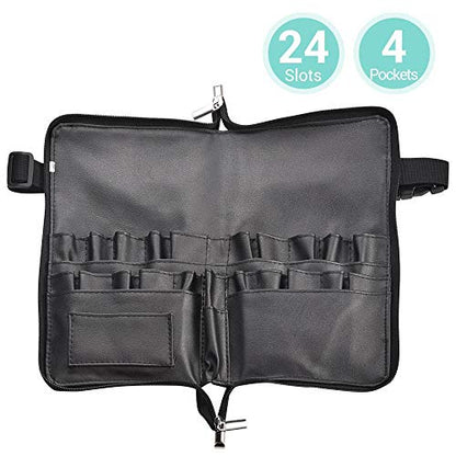 BYOOTIQUE 2in1 Multi Brush Holder Waist Zipper Bag Professional Portable Foldable Cosmetic Makeup Pouch with Belt Strap Artist Storage Organizer - color: Black 2in1