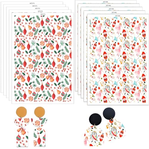 10 Pcs Christmas Polymer Clay Transfer Paper, Christmas Bells Red Berries, Princess Pattern 2 Design Water Soluble Transfer Sheets for Polymer Clay Earrings Jewelry Making DIY Projects 5.82X3.93 in