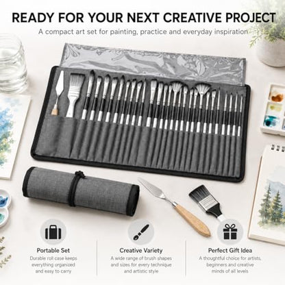 24Pcs Multi-Shape Paint Brushes Set for Acrylic, Oil, Watercolor & Gouache with Palette Knife and Waterproof Canvas Roll, Synthetic Bristles Art Supplies for Artists & Beginners