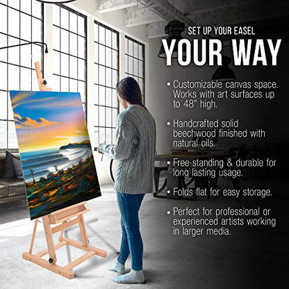 U.S. Art Supply Medium Wooden Studio H Frame Easel with Storage Tray - Adjustable to 96" High, Holds Canvas up to 48" - Beechwood Artist Easel for Painting, Art Display Stand, Portraits