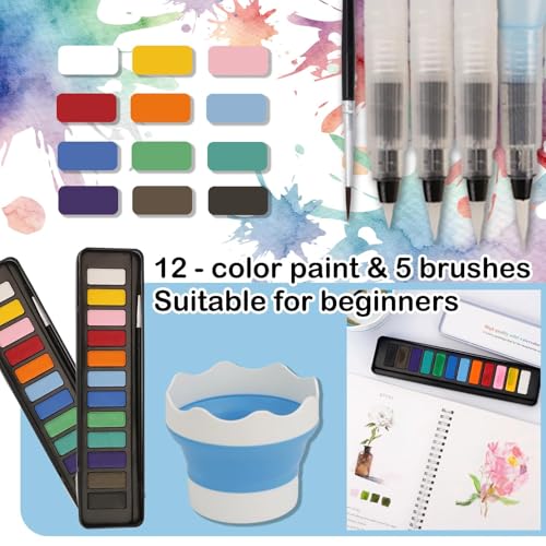 Adult Beginner Art Kit with Coloring Workbook, 12 Color Pigment Paint, Paintbrushes & Brush Washer for Teens Painting