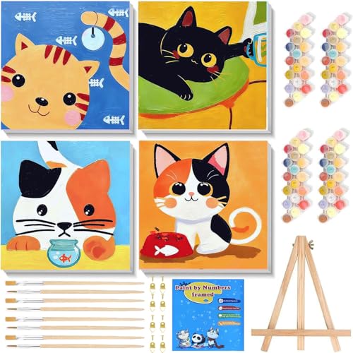 WEMEON 4 Pack Paint by Numbers Kit for Kids with Framed and Easel, Easy Kids Paint by Number Kits Age 8-12, DIY Cat Paint by Number for Teens for Home Wall Decor Gift 8x8 inch - color: DAYH-0060-0061-0062-0063-US（8