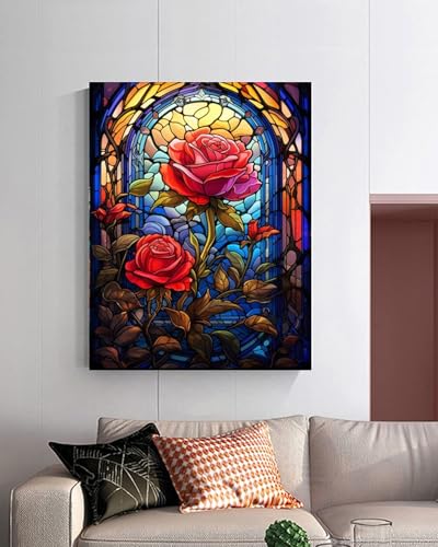 TOCARE Stained Glass Paint by Numbers kit for Adults Beginner Red Rose Paint by Number Canvas, Simple Oil Painting Paint by Numbers for Adults Flowers 16x20inch - color: Stained Glass Rose