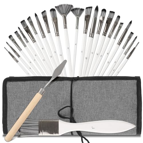 Paint Brushes Set of 25 Pcs with Scraper and Flat Brush, Wooden Handle Artist Painting Kit for Acrylic, Oil, Watercolor, Gouache, Include Canvas Cloth Bag (White) - color: White