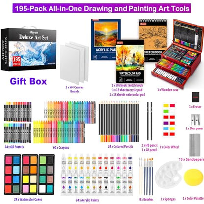 iBayam Art Supplies, 195 Pack Art Set Drawing Kit for Adult, Arts and Crafts Painting Kit, Art Kits Paint Set with Acrylic Pad, Sketchbooks, Watercolor Pad, Canvases, Gift Box - color: Reddish Brown