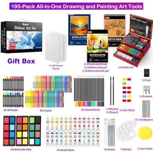 iBayam Art Supplies, 195 Pack Art Set Drawing Kit for Adult, Arts and Crafts Painting Kit, Art Kits Paint Set with Acrylic Pad, Sketchbooks, Watercolor Pad, Canvases, Gift Box - color: Reddish Brown