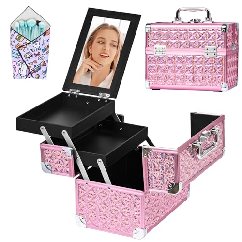 Makeup Case Organizer,Makeup Train Case, Trays Cosmetic Box Portable, Profesional for Salon Barber,Pink - color: Pink