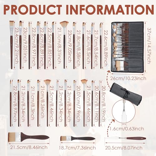 25pcs Paint Brush Set for Acrylic Painting, Acrylic Paint Brushes with Palette Knife and Cloth Roll, Paint Brushes Oil Watercolor Canvas for Artists and Beginners