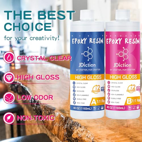JDiction Epoxy Resin 80OZ- Epoxy Resin Kit Crystal Clear, Non Toxic, Bubble Free Epoxy Resin for Art Craft, Jewelry Making, River Tabletop, Christmas Gift - size: 80 fl oz