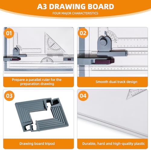 A3 Drawing Board Drafting Table Multifunctional Drawing Board Table with Clear Rule Parallel Motion and Angle Adjustable Measuring System, Metric - size: Metric
