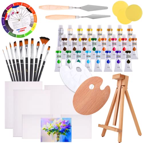 J MARK 48pc Deluxe Painting Kits for Adults - Includes Adjustable Wood Easel, Thick Canvases, Acrylic Paints, Brushes Set,Wooden and Plastic Palettes, 2 Painting Knives, 3 Sponges, Color Mixing Wheel - color: 48 Pcs