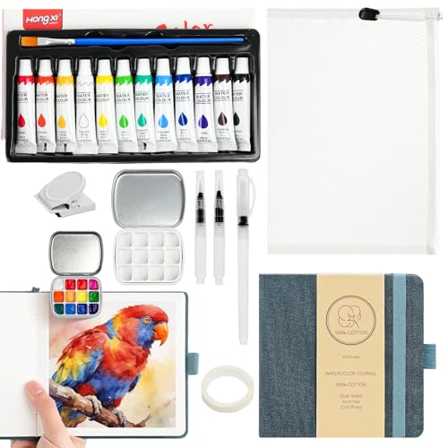 Vienrose Mini Portable Watercolor Palette Set for Travel & Outdoor Painting with 5.5" x 5.5" Linen Cover Watercolor Sketchbook, 12-Color Watercolor Paints, 3 Pens, Artist Tape & Storage Bag - color: Navy Blue, size: 5.5"x5.5"