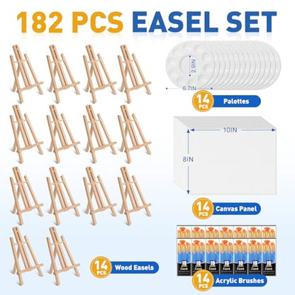 ESRICH 182 Pack Canvas with Easel Set 8 x 10 in Canvas Boards with 11.8 in Wooden Easels, Paint Brushes Canvas Panel Painting Kit for Acrylic Oil Watercolor Beginners Art Crafts Sip and Paint Party - style: 182PCS