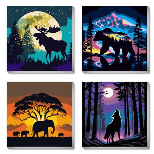 FQOVKYN 4 Packs Framed Paint by Number Kits for Adults, DIY Animals Adult's Paint by Numbers for Beginners, Easy Acrylic Watercolor Paint by Numbers Canvas Arts and Crafts for Wall Decor Gift (8x8in) - color: DKMT0388-DKMT0389-DKMT0390-DKMT0391-US