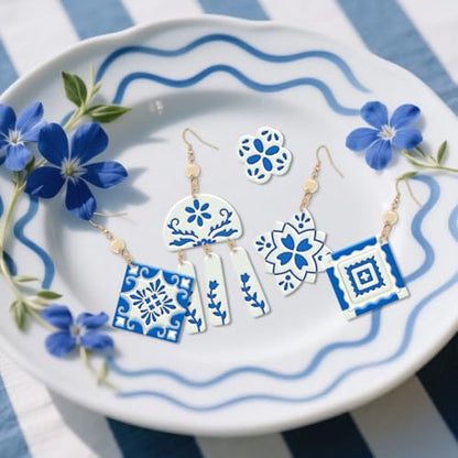 ORIGACH 17 Pcs Portuguese Peranakan Tiles Polymer Clay Cutters, Mediterranean Flower Frame & Tiles Design Clay Cutters for Polymer Clay Jewelry Earrings with a Clear Storage Box - style: Portuguese Peranakan Tiles