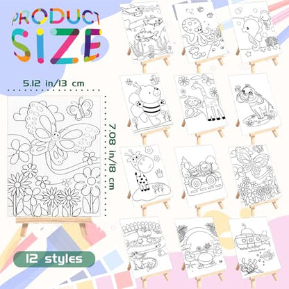 48PCS 12 Sets Printed Canvas Paint Art 12 Pcs Wooden Easel Set Paint Pots and Brushes and 12 Pre Drawn Canvas Panel 12 Pcs Mini Apron and Tote Bag for Kids(Animal) - style: Animal