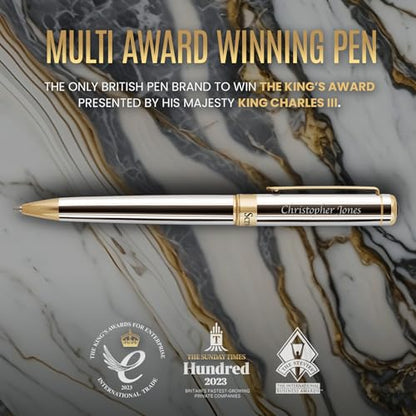 Scriveiner Personalized Silver Chrome Ballpoint Pen - Stunning Luxury Pen, Real Gold Plating, Schmidt Ink Refill, Best Engraved Ball Point Gift Set for Men & Women, Custom Name Engraving - color: 9. Silver Chrome with Gold (Personalized)