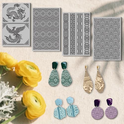 4 Pcs Oriental Textures Pattern Polymer Clay Texture Sheet Rubber Clay Texture Mat for Polymer Clays Making Earrings Jewelry DIY Crafts 4 × 2.5 Inch - style: Oriental Textures