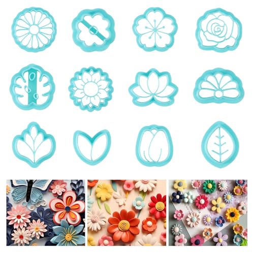 ORIGACH 12 Pcs Flower Clay Cutters, Rose Sunflower Daisy Tulip Cherry Lotus Turtle Leaf Polymer Clay Cutters Set for Earring & Jewelry Making - style: Flower