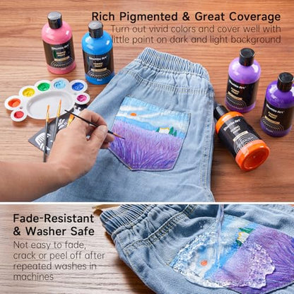 Shuttle Art 18 Colors Fabric Paint, 250ml/8.45oz, Permanent Soft Fabric Paint in Bottles with Brushes, Palette, Stencils, Non-Toxic Textile Paint for T-Shirts, Shoes, Jeans, Bags, DIY Projects&Art