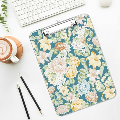 Plastic Cute Clipboard Low-Profile Metal Clip, A4 Letter Size 9 x 12.5 in, 8.5 x 11 Paper Clip Board for Teachers, Nurses, Classroom,Blue Crushed Flower - color: Blue Crushed Flower
