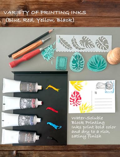 Xenolog Deluxe Block Printing kit - Premium lino Cutters, Linoleum Blocks for printmaking, Includes Printing Ink in 4 Colors, Brayer, baren, Basswood, Transfer Paper, Stencils, and Guide - Ideal Gift