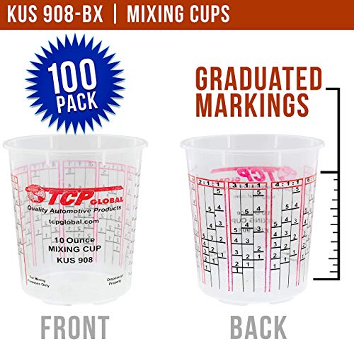 Custom Shop/TCP Global Full Case of 100 Cups with 50 Lids - 1/2 Pint (10oz) Paint Mixing Cups - Cups Have Calibrated Mixing Ratios on Side of Cup