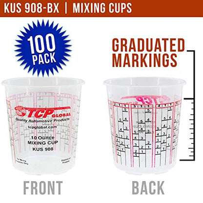 Custom Shop/TCP Global Full Case of 100 Cups with 50 Lids - 1/2 Pint (10oz) Paint Mixing Cups - Cups Have Calibrated Mixing Ratios on Side of Cup