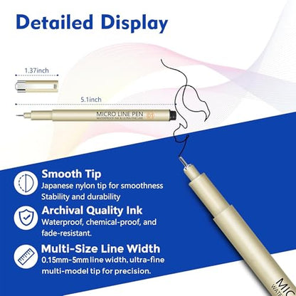 Micro Fineliner Drawing Art Pens 12pcs Pigment Fine Point Archival Black Ink Pen for Writing, Illustration,Zentangle,Calligraphy,Technical,Sketching or Journaling-Point Size 0.2mm - 3mm