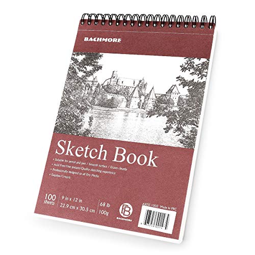 Bachmore Sketchpad 9X12 Inch (68lb/100g), 100 Sheets of TOP Spiral Bound Sketch Book for Artist Pro & Amateurs | Marker Art, Colored Pencil, Charcoal for Sketching - color: Burgundy