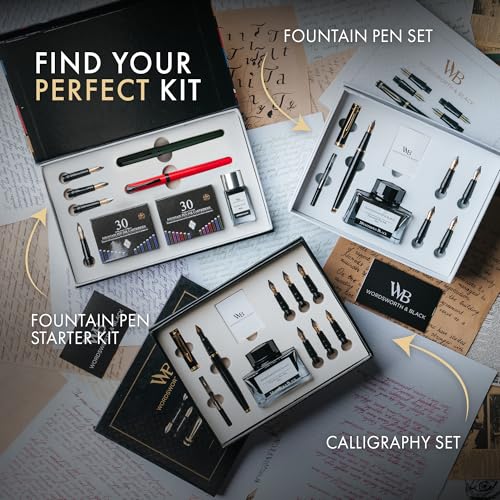 Wordsworth and Black Fountain Pen Set - Green - Includes 2 Pens, 18 ML Ink Bottle, 60 Ink Cartridges, A Refill Converter, 1 Medium and 4 Broad Nibs, Brush Pen - Fountain Pen Kit for Beginners - color: Red and Green