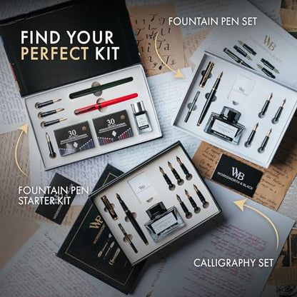 Wordsworth and Black Fountain Pen Set - Green - Includes 2 Pens, 18 ML Ink Bottle, 60 Ink Cartridges, A Refill Converter, 1 Medium and 4 Broad Nibs, Brush Pen - Fountain Pen Kit for Beginners - color: Red and Green