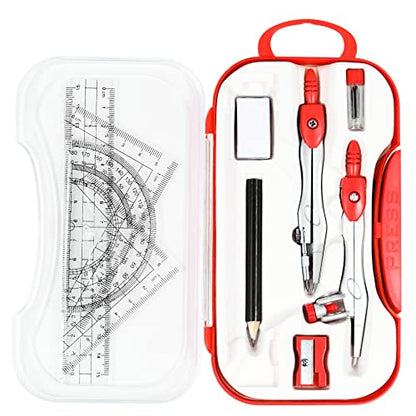 Unjoo Math Geometry Sets 10 Piece Student Supplies with Shatterproof Storage Box,Includes Rulers,Protractor,Compass,Eraser,Pencil Sharpener,Lead Refills,Pencil,for Drafting and Drawings (Red)） - color: Red1