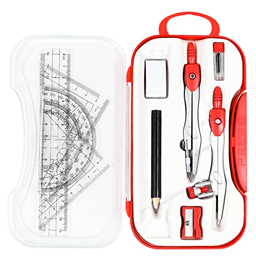 Unjoo Math Geometry Sets 10 Piece Student Supplies with Shatterproof Storage Box,Includes Rulers,Protractor,Compass,Eraser,Pencil Sharpener,Lead Refills,Pencil,for Drafting and Drawings (Red)） - color: Red1