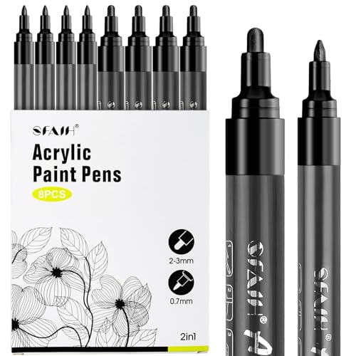 SFAIH Acrylic Black Paint Pens - 8 Pack 2-3MM Medium Tip & 0.7MM Extra Fine Black Permanent Markers for Rock Painting, Wood, Metal, Fabric, Plastic, Canvas, Glass, Ceramic, Diy Crafts - color: Black
