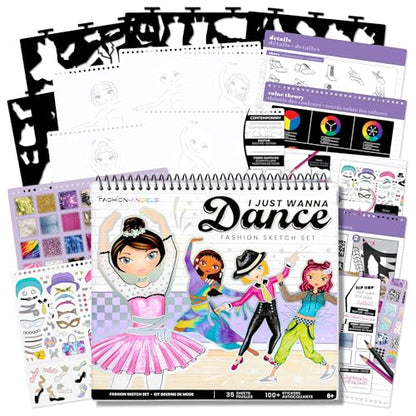 Fashion Angels I Just Wanna Dance Fashion Sketch Set, Create Dance-Themed Outfits with 35 Sketch Pages, 100+ Stickers & Stencils, Fun Craft Kit for Kids - color: I Just Wanna Dance