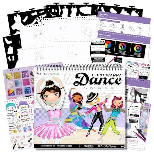 Fashion Angels I Just Wanna Dance Fashion Sketch Set, Create Dance-Themed Outfits with 35 Sketch Pages, 100+ Stickers & Stencils, Fun Craft Kit for Kids - color: I Just Wanna Dance