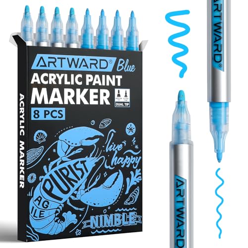 Blue Acrylic Paint Markers 8 Pack, Dual Tip 0.7mm & 3mm Acrylic Paint Pens, for Rock, Wood, Glass, Canvas, Ceramic, Metal, DIY Crafts - color: Blue