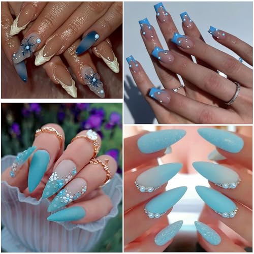 Nail Art Pearls with Rhinestones Glue Gel Flatback Pearls Nail Charms Luxurious Nails Supplies Accessories Gold Silver Gems Jewelry Pearl for Women Nails Design(Blue) - color: Colorful-17