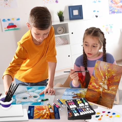 koseibal Acrylic Paint Set for Adults & Kids - 37PCS Art Painting Supplies Kit with 18 Colors Acrylic Paint, 8 Paint Brushes,6 Canvas Panels, Wooden Easel,Palette, Painting Pad - color: 18color+37pcs