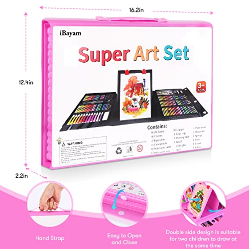 iBayam 251-Pack Art Supplies, Drawing Arts Kits for Kids Teens Adult - Travel Art Set Case with Double Sided Trifold Easel, Drawing Pad, Coloring Book, Scratch Paper, Gifts Idea for Girls Boys Artist - color: Pink