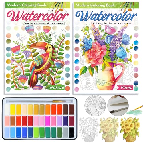 2Pack Watercolor Coloring Book for Adults + 36 Color Watercolor Set: 24 Unique Patterns, 100% Cotton 300gsm A4, for Beginners & Advanced to Enhance Techniques, Gift for Women(Plant & Nature) - style: Plant & Nature