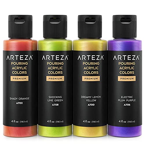 ARTEZA Iridescent Metallic Acrylic Paint, Set of 4, Sherbet Tones, 4 fl oz, High-Flow Paint for Canvas, Glass, Wood, Ceramics - style: 4 x 118ml (4 fl oz) Sherbet Tones