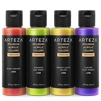 ARTEZA Iridescent Metallic Acrylic Paint, Set of 4, Sherbet Tones, 4 fl oz, High-Flow Paint for Canvas, Glass, Wood, Ceramics - style: 4 x 118ml (4 fl oz) Sherbet Tones