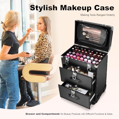 Lockable Makeup Train Case,110lbs Rolling Hairdressing Trolley,Beauty Salon Cosmetic Luggage with Universal Wheels for Hair Stylist,Make-up Artists,Hairdressers (Black 5) - color: Black 5