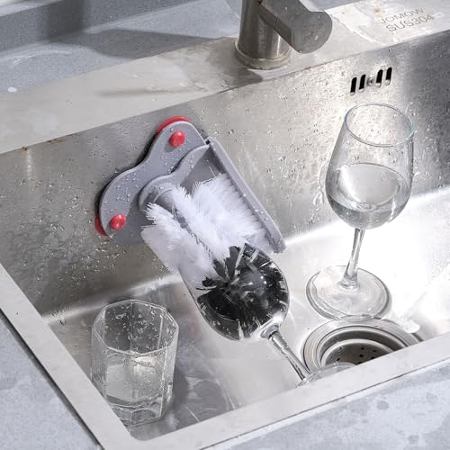LemonRoad 4 Pack Cup Washer Brush for Sink, 7.48" x 4.92" x 7.48" Double Bristle Glass Washer with Suction Base, Hands-Free Cup Cleaner for Wine Glasses, Beer Mugs, Tumblers, Kitchen Bar Restaurant