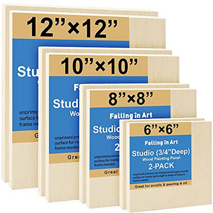 Falling in Art Unfinished Birch Wood Canvas Panels Kit, 8 Pack of 4 Sizes Studio 3/4’’ Deep Cradle Boards for Pouring Art, Crafts, Painting, and More - size: 6*6 8*8 10*10 12*12 2-Pack