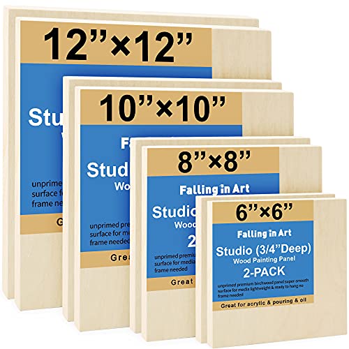 Falling in Art Unfinished Birch Wood Canvas Panels Kit, 8 Pack of 4 Sizes Studio 3/4’’ Deep Cradle Boards for Pouring Art, Crafts, Painting, and More - size: 6*6 8*8 10*10 12*12 2-Pack