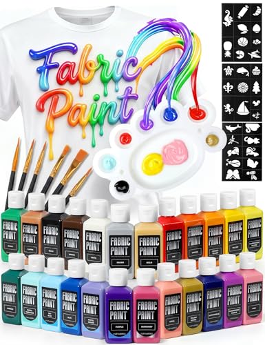 TMOL Fabric Paint Set - Permanent & Washer Safe, 24 Vibrant Colors, in Bottles (60ml/2oz), Non-Toxic Certified Fabric Paint with Brushes & Stencils, Textile Paint for Clothes, DIY Projects & Art - color: 24 colors